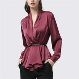 100% Real Silk Women' Shirt Fashion Pleated Long Sleeve V-Neck Top With Metal Belt Plus Size Elegant Female Korean Autumn Blouse
