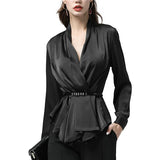 100% Real Silk Women' Shirt Fashion Pleated Long Sleeve V-Neck Top With Metal Belt Plus Size Elegant Female Korean Autumn Blouse