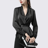 100% Real Silk Women' Shirt Fashion Pleated Long Sleeve V-Neck Top With Metal Belt Plus Size Elegant Female Korean Autumn Blouse