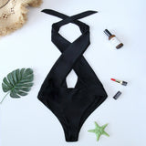 Black Blue Sexy Cross Halter Women Swimwear One Piece Swimsuit Solid Bathing Suits Beach Wear Bodysuit Bathers Backless Mayo