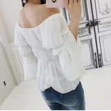 The Sexy Off Shoulder Blouse Render Tops Women Autumn Chiffon White Long Flare Sleeve Streetwear Warm Crop Tops