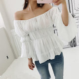 The Sexy Off Shoulder Blouse Render Tops Women Autumn Chiffon White Long Flare Sleeve Streetwear Warm Crop Tops