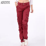 Denim Pantalon Femmes 2019 Spring Men/Womens Army Red Multi-Pocket Baggy Jeans Cargo Pants Loose Straight Military Trousers