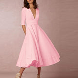 Elegant A-Line V Neck White Maxi Dresses Half Sleeves Simple Sexy Night Club Long Dress Solid Color