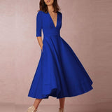 Elegant A-Line V Neck White Maxi Dresses Half Sleeves Simple Sexy Night Club Long Dress Solid Color