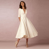 Elegant A-Line V Neck White Maxi Dresses Half Sleeves Simple Sexy Night Club Long Dress Solid Color