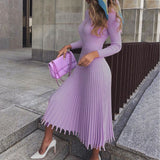Pleated Knitted Dress Elegant Women SweaterDresses Pullovers Black Long Sleeve