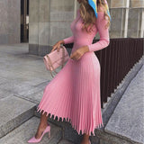 Pleated Knitted Dress Elegant Women SweaterDresses Pullovers Black Long Sleeve
