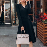 Pleated Knitted Dress Elegant Women SweaterDresses Pullovers Black Long Sleeve