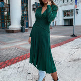 Pleated Knitted Dress Elegant Women SweaterDresses Pullovers Black Long Sleeve