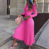 Pleated Knitted Dress Elegant Women SweaterDresses Pullovers Black Long Sleeve