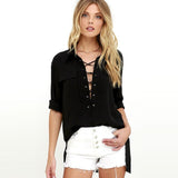 Women Shirts Lace-up Front Long Sleeve Shrit Lapel Neck Fashion Blouse Women Tops Casual Street Autumn Shirts