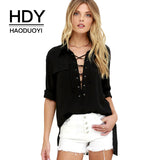 Women Shirts Lace-up Front Long Sleeve Shrit Lapel Neck Fashion Blouse Women Tops Casual Street Autumn Shirts