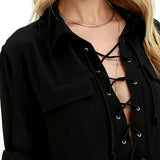 Women Shirts Lace-up Front Long Sleeve Shrit Lapel Neck Fashion Blouse Women Tops Casual Street Autumn Shirts