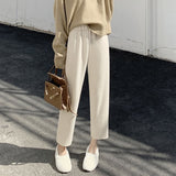 Loose Feeling Wide Leg Nine Points Casual Trousers Female Winter Solid Knit Pants