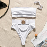 Mossha Hollow Out White Swimwear Bikini Metal Buckle Belt