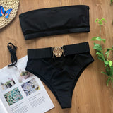 Mossha Hollow Out White Swimwear Bikini Metal Buckle Belt