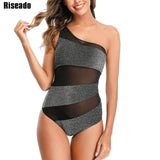 One Shoulder One Piece Swimsuit 2020 Sexy Mesh Swimwear Women Bandeau Dot Beach Wear Swimsuits Solid Summer