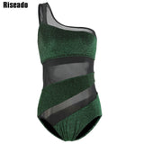 One Shoulder One Piece Swimsuit 2020 Sexy Mesh Swimwear Women Bandeau Dot Beach Wear Swimsuits Solid Summer