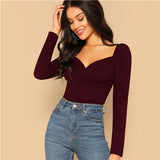 Elegant Blouses Women Zip Back Puff Sleeve Form Fitted Wrap Sweetheart Top Female Long Sleeve Blouse Shirt