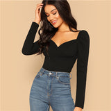 Elegant Blouses Women Zip Back Puff Sleeve Form Fitted Wrap Sweetheart Top Female Long Sleeve Blouse Shirt