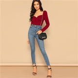 Elegant Blouses Women Zip Back Puff Sleeve Form Fitted Wrap Sweetheart Top Female Long Sleeve Blouse Shirt