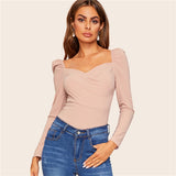 Elegant Blouses Women Zip Back Puff Sleeve Form Fitted Wrap Sweetheart Top Female Long Sleeve Blouse Shirt