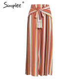 Split striped lady wide leg pants women Summer beach high waist trousers Chic streetwear sash casual pants tassle female