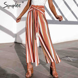 Split striped lady wide leg pants women Summer beach high waist trousers Chic streetwear sash casual pants tassle female