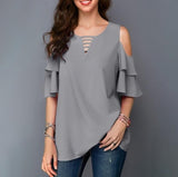 Women Blouses 2019 Summer Fashion Hollow Out Flare Sleeve V-neck Office Shirt Chiffon Blouse  Casual Tops Plus Size S-5XL