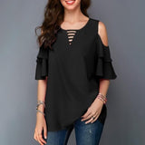 Women Blouses 2019 Summer Fashion Hollow Out Flare Sleeve V-neck Office Shirt Chiffon Blouse  Casual Tops Plus Size S-5XL