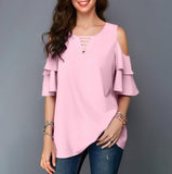 Women Blouses 2019 Summer Fashion Hollow Out Flare Sleeve V-neck Office Shirt Chiffon Blouse  Casual Tops Plus Size S-5XL