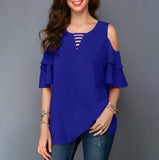 Women Blouses 2019 Summer Fashion Hollow Out Flare Sleeve V-neck Office Shirt Chiffon Blouse  Casual Tops Plus Size S-5XL