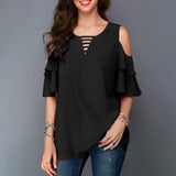 Women Blouses 2019 Summer Fashion Hollow Out Flare Sleeve V-neck Office Shirt Chiffon Blouse  Casual Tops Plus Size S-5XL