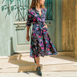 Sexy Long Sleeve Floral Print Sashes Dress