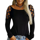 Women Shirt Casual Long Sleeve Beading Shirt Sexy Hollow Out Ladies Autumn Blouse And Tops Solid Black O Neck Female Camisa D30