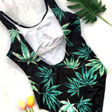 One piece backless green leaf print swimwear