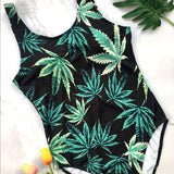 One piece backless green leaf print swimwear
